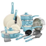 GreenLife Soft Grip 16pc Cookware Sets, Caribbean Blue