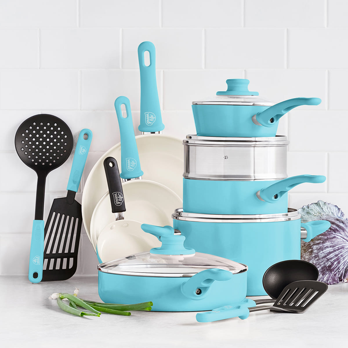 GreenLife Soft Grip 16 Piece Ceramic Non-Stick Cookware Set, Turquoise